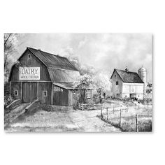 a black and white drawing of a barn