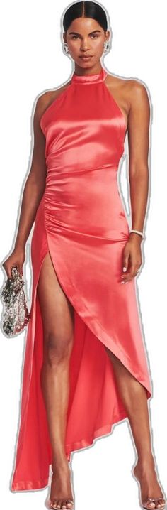 Pink Satin Midi Dress For Gala, Pink Dressy Midi Dress For Prom, Dressy Pink Midi Dress For Prom, Evening Pink Satin Dresses, Formal Pink Satin Midi Dress, Pink Satin Midi Dress For Evening, Pink Ruched Evening Dress For Party, Pink Floor-length Evening Midi Dress, Pink Formal Maxi Dress For Evening