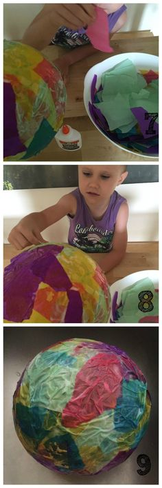 the process to make a paper plate bowl is shown in three different stages, including making it