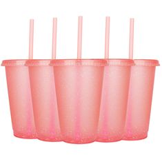 six pink cups with straws in them