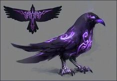 a drawing of a black bird with purple light on it's wings