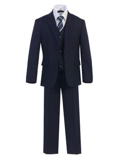 This Seven Pieces Suit by Magen Kids is the perfect choice for a festive occasion. The suit in navy consists of a Jacket, Dress Pants, Vest, Dress Shirt, Adjustable Satin Bow-tie, Satin Tie, & Satin Pocket Square. Appropriate for any special event, including a holiday, birthday celebration, communion, Easter, or church. Your young man will require to look sharp at his forthcoming event! Navy Notch Lapel Sets For Workwear, Navy Notch Lapel Workwear Sets, Formal Fitted Uniform Sets, Classic Navy Sets For Workwear, Classic Navy Workwear Sets, Classic Navy Sets For Work, Tailored Navy Sets For Semi-formal Occasions, Tailored Classic Navy Sets, Classic Tailored Navy Sets