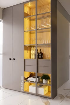 an open cabinet with wine glasses and bottles on the bottom shelf in a room that has white tile flooring