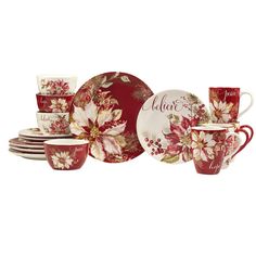 a red and white dinnerware set with flowers on the plates, cups and saucers