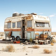 an old camper sits in the desert with junk on it's floor and furniture