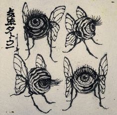 four drawings of eyes and wings on a white wall