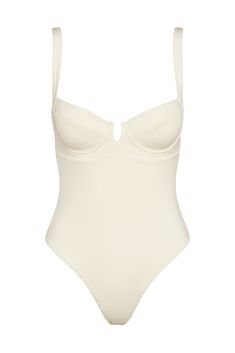 Clovelly One Piece - Ivory Elegant High Cut Summer Bodysuit, Elegant Contoured Bodysuit, Elegant Push-up Swimwear With Built-in Bra, Chic Cream Swimwear For Swimming, Chic High Cut Seamless Swimwear, Chic Beige Lined Swimwear, Elegant Contoured Underwire Bodysuit, Elegant Seamless Beige Bodysuit, Elegant Beige Seamless Bodysuit