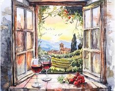 a painting of two glasses of red wine on a table in front of an open window