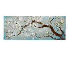 an image of a painting with white flowers on the branches and blue sky in the background