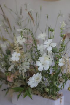 Delicate meadow style flowers in neutral colours in a grey container. Foraged Wedding Flowers, Spring Meadow Wedding, White Wild Flowers Wedding, Meadow Wedding Flowers, Wildflower Wedding Florals, Flower Meadow Wedding, Spring Wildflower Wedding, Grad Flowers, Wedding Meadow