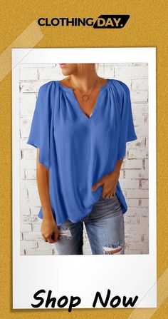 Split Neck Pleated Loose Blouse Elegant Solid Color Blouse For Vacation, Flowy Casual Tops With Split Neck, Casual Flowy Tops With Split Neck, Flowy Solid Color Casual Blouse, Casual Solid Flowy Blouse, Flowy Solid Color V-neck Blouse, Casual Solid Color Flowy Blouse, Solid Color Flowy V-neck Blouse, Flowy Solid V-neck Blouse