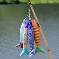 colorful fish hanging from clothes line next to body of water