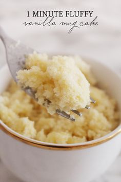 a close up of a spoon in a bowl of food with the words, 1 minute fluffy vanilla any cake