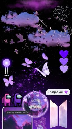 the purple sky is filled with hearts and butterflies