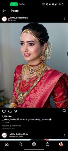 a woman in a red sari with gold jewelry on her neck and headpiece