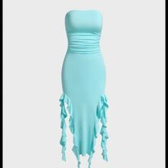 This Dress Has Only Been Tried On Once. It's A Beautiful Dress, But Not My Size, Unfortunately. Blue Strapless Maxi Dress With Ruffles, Casual Light Blue Maxi Dress For Party, Balletcore Black, Pinterest Dress, Tube Midi Dress, Retro Silhouette, New Y2k, Midi Dress Chic, Shoes Retro