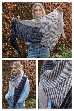 three pictures showing different ways to knit a shawl