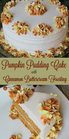 there is a cake with white frosting and orange flowers on the top that has been cut into pieces