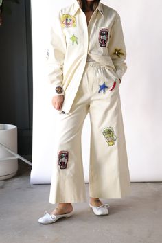 Alémais Players Embroidered Shirt in Cream tops-blouses Alémais Embroidered Pants, Raquel Allegra, Wide Leg Cropped Pants, Honolulu Hawaii, Pleats Please Issey Miyake, Dresses Pants, Embroidered Jacket, Mm6 Maison Margiela, Tailored Shirts