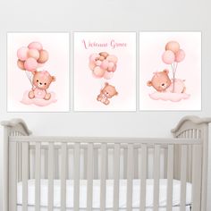 two baby posters with teddy bears holding balloons in the air and a rainbow behind them