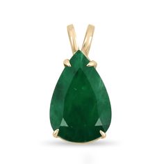 Featured here is a stunning, HUGE pear emerald pendant in fine solid 14k yellow gold. Displayed in the center is a rich dark green emerald set in a gold four-prong classic mount by our master goldsmith Robison. The earth mined, green emerald has a desirable lush green color and substantial RARE size. Stones of this size are red carpet, heirloom-worthy ✨  This emerald is 100% earth mined and is not perfect! Gorgeous flaws are seen within the stone, embrace uniqueness! ( 18 Inch Chain included )  Setting Style: Solitaire - Prong Setting Material: 14K Yellow Gold Gold Weight: 4.4 grams Main Stone: Emerald Shape: Pear Cut Approx Weight: 10.05-carats Color: Rich Dark Green  Clarity: Translucent Luster: Very Good Origin: Brazil Treatment: Natural, Oiling Estimated Retail price is $16,930.00  If Yellow Gold Pear-shaped Necklace For May Birthstone, Pear-shaped Emerald Necklace, Fine Jewelry Yellow Gold Pear-shaped Emerald Necklace, Fine Jewelry Pear-shaped Emerald Necklace For Anniversary, Pear-shaped Emerald Necklace In Yellow Gold, Formal Yellow Gold Emerald Teardrop Pendant Necklace, Fine Jewelry Emerald Necklace With Pear Gemstone, Emerald Teardrop Pendant Necklace, Pear-shaped Emerald Necklace Fine Jewelry