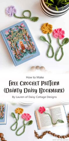 crochet bookmark with flowers on it and the title, how to make free crochet pattern dainty daisy bookmark