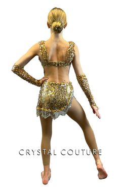 Gorgeous Custom shimmery Silver velour bra top and trunks has Gold and Silver sequined fabric overlay that creates the look of a connected two piece asymmetrical skirt with Silver beaded fringe on the edging! A fun one of a kind look!! *Accessories include Gold and Silver Sequin fingerless gloves **Costume in image is an AS, Photographed on an AS/AM Mannequin with Measurements of: Bust 35", Ribcage 30", Waist 25", Hip 34", Girth 57" Trio Costumes, Sequin Jewelry, Sequined Fabric, Costumes Couture, Sequin Appliques, Tutu Costumes, Group Costumes, Rhinestone Appliques, Fringe Skirt