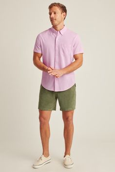 Knit Oxford Short Sleeve Shirt | Bonobos Stretch Cotton Pink Shirt, Preppy Cotton Shirt, Pink Stretch Cotton Shirt, Business Casual Shirt With Shirttail Hem For Summer, Cotton Stretch Shirt For Spring, Spring Stretch Cotton Shirt, Preppy Collared Cotton Shirt, Casual Stretch Collared Shirt, Casual Business Shirt With Shirttail Hem