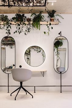 a room with mirrors and plants hanging on the wall next to a chair, table and mirror