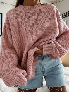 Chunky ribbed knit pullover sweater with a round neck and long sleeves. The cuffs and the neck line are both ribbed. The Model is 5'6 and is wearing a size medium Fall Sweaters For Teens, Blush Pink Clothing, Cute Fall Outfits Sweaters, Cute Knit Sweater Patterns, Chunky Sweaters For Fall, Sweaters For Winter, Collage Outfits Casual Summer, Cute Sweater Outfits Aesthetic, Soft Summer Aesthetic Outfits