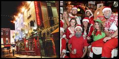 people dressed as santa clause standing in front of a building at night and on the street