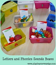 the letters and phonicics sounds boxes are filled with fruits and vegetables