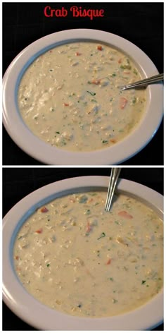 two pictures of the same bowl of soup with spoons in it and another photo of what appears to be crab bisque