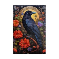 a painting of a black bird sitting on a tree branch with flowers in the background