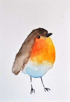 a watercolor painting of a bird with orange, blue and yellow colors on it's head