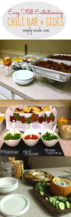 several different types of food are on display in this collage with the words, easy fall entertaining chili bar and sides