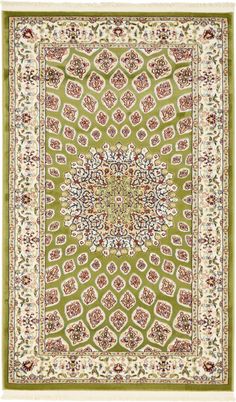 a green rug with an intricate design on the center and bottom, in various colors