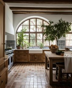 a kitchen with an arched window and tile flooring, potted plant on the counter