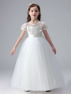 White Jewel Neck Short Sleeves Flowers Embellishment Tulle Lace Kids Social Party Dresses Dresses Tulle, Girls Dresses Online, Flower Sleeve, Kids Party Dresses, White Flower Girl Dresses, Wedding Flower Girl Dresses, Trendy Wedding Dresses, Prom Dresses For Teens