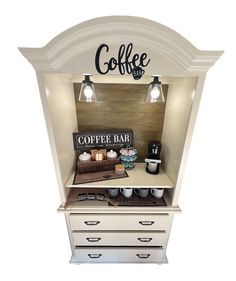 the coffee bar is built into an old dresser