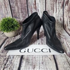 Ankle Height Black Designer Boots With Heel By Gucci. Leather Is Soft. Inside Sole Shows Normal Use But Is Clean. Heel Has Wear Shown In Photos. Gucci Booties, Boots With Heel, Shoes Gucci, Gucci Leather, Gucci Black, Designer Boots, Gucci Shoes, Black Design, Heeled Boots