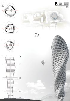 an architectural drawing of a tall building in the sky with several sections labeled on each side