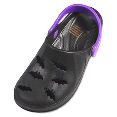 Private Label - Infant Clogs, Black, Purple, Molded Non Skid Footbed, Back Strap, Non Skid Sole, Bats Design, All Man Made Materials, Made In China, #29196 29-196 Size: 3 M US Infant.  Gender: unisex. Black Closed Toe Clogs For Beach, Black Flat Clogs For The Beach, Black Flat Clogs For Beach, Black Flat Synthetic Clogs, Black Synthetic Flat Clogs, Flat Black Synthetic Clogs, Black Non-slip Flat Clogs, Bats Design, Baby Boy Halloween