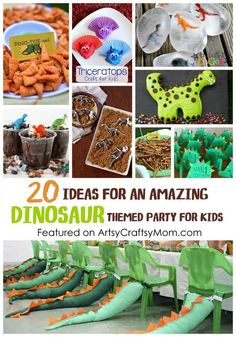 dinosaur themed party for kids with green and orange decorations, plates, cups, and napkins