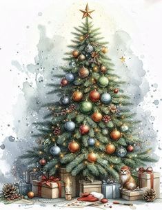 a painting of a christmas tree with presents under it