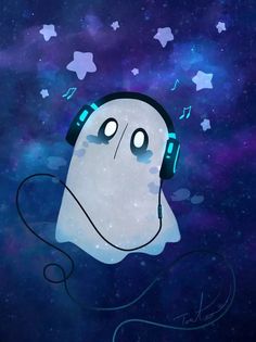 a ghost with headphones floating in the air and music notes coming out of its ears