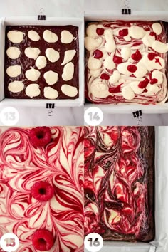 four different types of desserts are shown in the same box, each with white chocolate and raspberry toppings