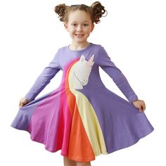 Girl/Toddler Long Sleeve Casual Cartoon Princess Dress Rainbow Stripe Print Dress Suitable for 3-7 Years Old Lavender 3T-4TColor: lavender; red; rose red; yellowFeatures:1. Selected fabrics, using high-quality cotton as raw materials, soft, comfortable and healthy.2.95% cotton content, with high elasticity and stretchability, excellent durability, moisture absorption, refreshing and comfortable wearing.3. Comfortable neckline design, cartoon print princess dress4. A-line revolving skirt, unicorn Cartoon Rainbow, Applique Skirt, Striped Print Dresses, Cartoon Princess, Long Sleeve Cotton Dress, Girl Sleeves, Princess Cartoon, Girl Rainbow, Spandex Dress