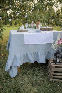 an outdoor table set up in the grass