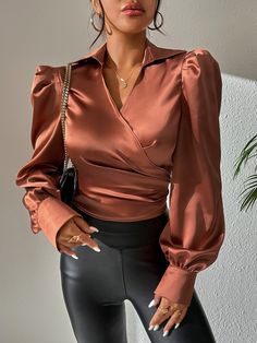 Rust Brown Elegant Collar Long Sleeve Satin Plain Top Embellished Non-Stretch  Women Tops, Blouses & Tee Satin Shirt Design For Women, Blouse Designs Satin, Satin Tops Blouses Classy, Satin Tops For Women, Satin Tops Blouses, Satin Blouse Designs, Satin Shirts For Women, Silk Blouse Pattern